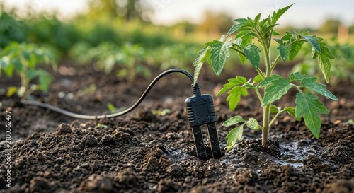 Soil Moisture Sensor Measuring Water Content Next to a Young Tomato Plant