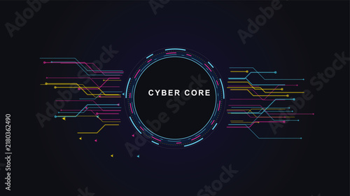 Cyber core central processing unit with vibrant neon colorful circuits and ring interface for advanced artificial intelligence and machine learning.