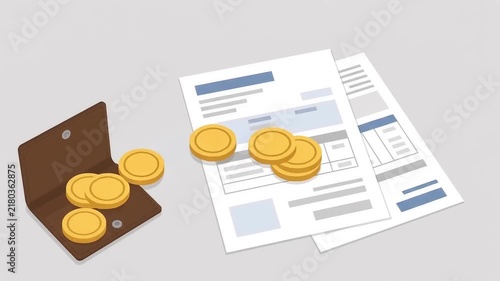2d animation Person reviewing financial documents and counting coins