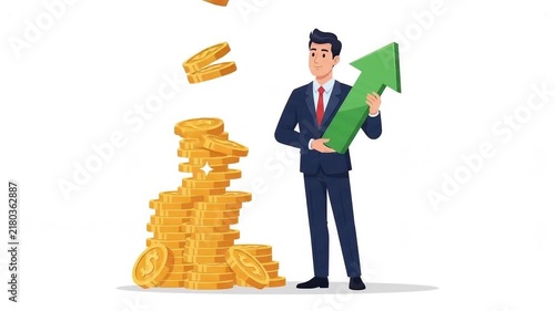 2d animation businessman with increasing profits and coins