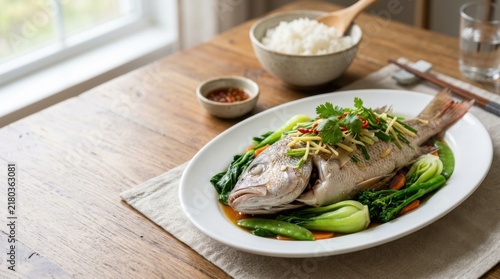 Steamed Fish with Ginger and Herbs Served with Rice