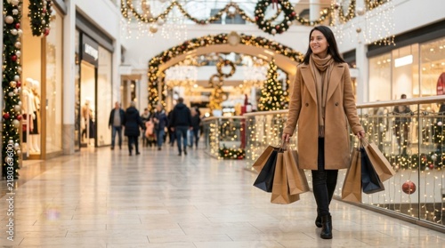 Woman happily carrying shopping bags in a festive, decorated mall during the holidays