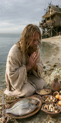 A man with a long beard and flowing hair kneels on a rocky shore, hands clasped in prayer. Before him, a spread of food including fish, fruits, and grains sits in rustic bowls.