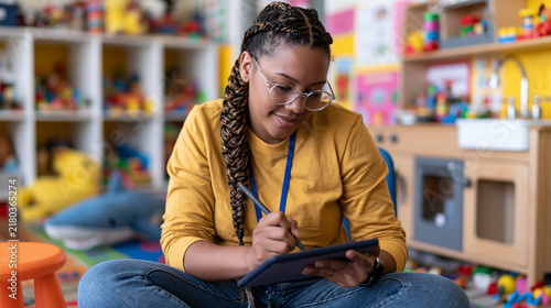 Female teacher with long braids and glasses uses a tablet in a colorful preschool classroom. Digital education, teacher portrait, modern learning, school technology.