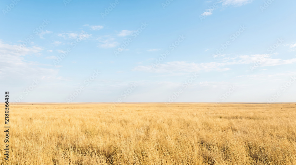Obraz premium Dry grass field across barren plain beneath blue sky. Global warming climate change disaster. cracked parched arid drought, dead meadow pasture heat