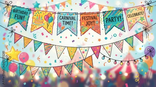 Colorful Birthday and Carnival Party Banners with Festive Bunting and Confetti