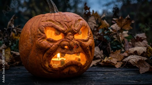 Obraz na płótnie Spooky Halloween Jack-o'-lantern with Intricately Carved Angry Face Glowing on Autumn Leaves at Night