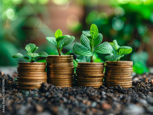 Gold coin stacks with green seedlings in soil for financial growth