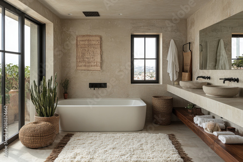Large mirror above a large tub in bathroom.