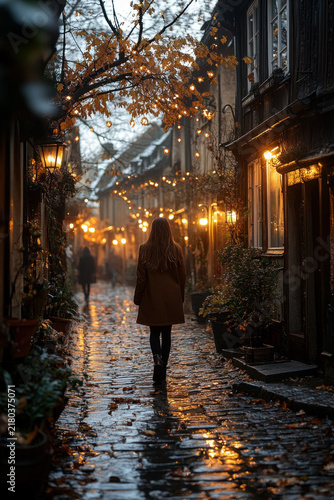 Woman walking on cobblestone street at night.