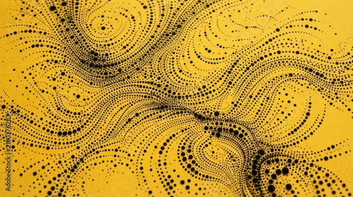 Abstract Black Halftone Dots Forming Flowing Organic Waves on Vibrant Yellow Background