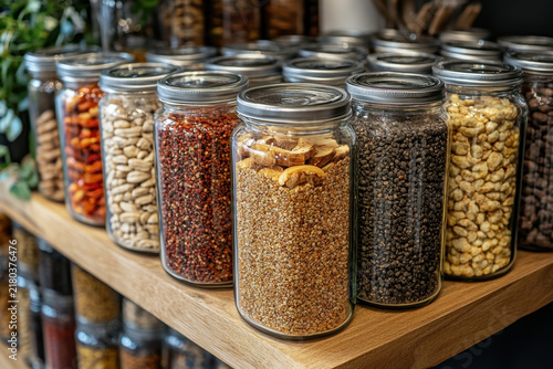 Jars of nuts on wooden shelf.