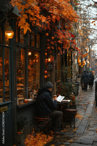 Person sitting at table outside store.