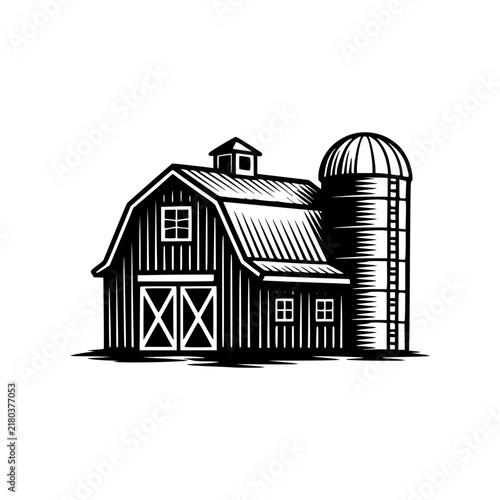 Rustic Barn and Silo: A classic American barn with a distinctive gambrel roof stands beside a tall, cylindrical silo, depicted in a vintage, woodcut illustration style.