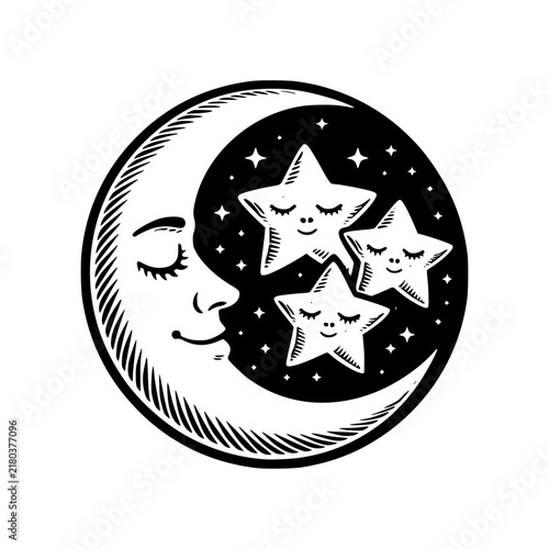 Crescent Moon and Stars: A whimsical crescent moon with a serene face rests among a cluster of cute, sleeping stars, set against a starry night sky, evoking a sense of peace and wonder.