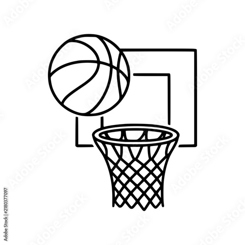 Basketball Slam Dunk Line Art: A minimalist line drawing depicts a basketball in mid-air, poised to score a slam dunk into a hoop with a net, capturing the dynamic energy of the sport.