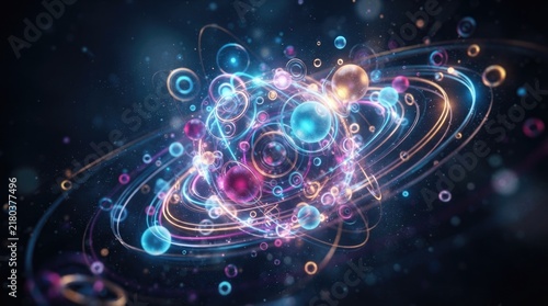 Futuristic Atomic Particle Model with Glowing Orbits and Colorful Quantum Energy Background