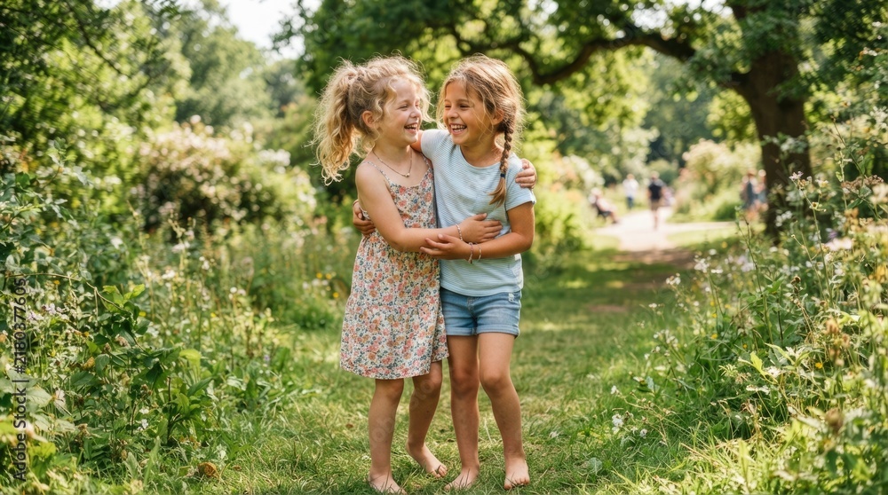Fototapeta premium Two Cheerful Girls Hugging and Laughing Together on Green Park Path