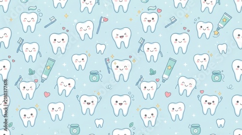Cute Seamless Dental Care Pattern with Smiling Teeth Toothbrushes and Toothpaste