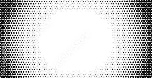 Black halftone dot pattern with a bright white center and fading circular gradient. Abstract monochrome texture creates a smooth radial transition. Modern background element for graphic design.