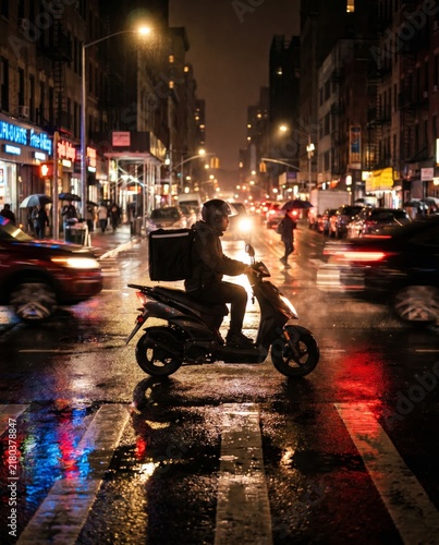 Night delivery courier riding scooter through rainy city traffic. Concept of fast food transport, urban logistics, gig work and late shift service