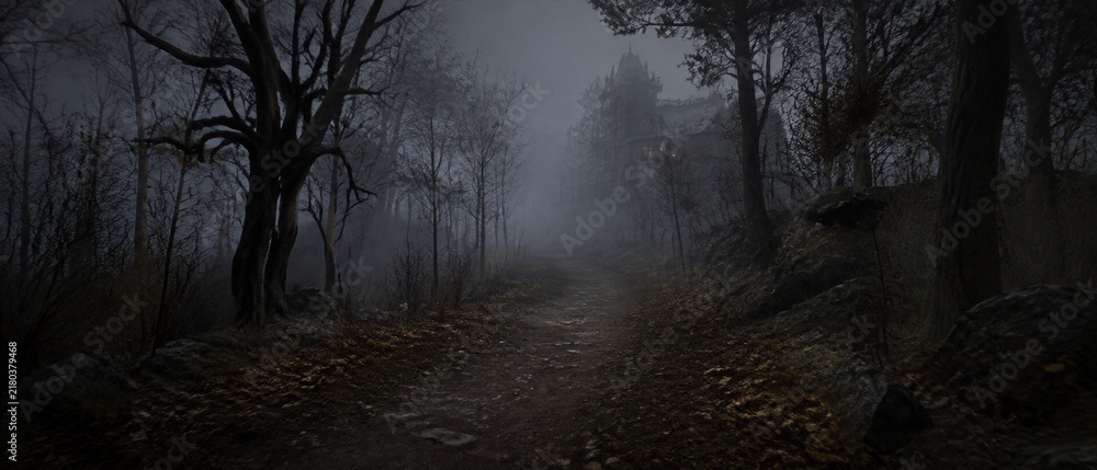 Obraz premium Foggy forest path leading to a haunted house at dusk, horizontal outdoor shot