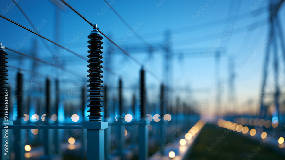 Obraz premium Electrical substation providing power and energy to grid, defocused utility infrastructure visualization, electrical distribution facility representation, with copy space