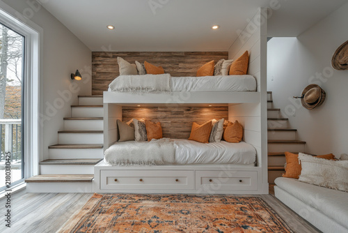 Built-in bunk bed and bed in modern bedroom.