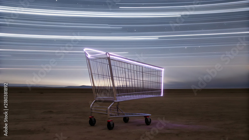 Surreal Neon Shopping Cart in Night Desert Landscape with Cosmic Star Trails Background