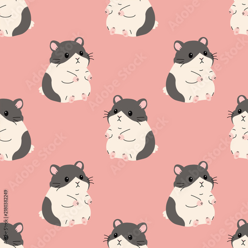Seamless pattern with cute standing hamsters on pink background. Adorable furry pet character backdrop perfect for children apparel, nursery decor, and funny gift paper prints.