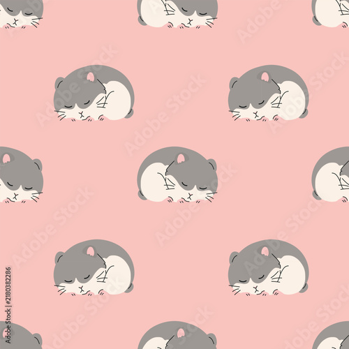 Seamless pattern with sleeping grey hamsters on soft pink background. Adorable sleeping pet backdrop suitable for nursery bedding, baby clothing, and cozy kids fabric prints.