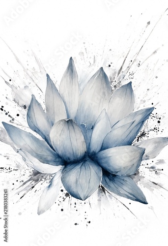 Abstract Blue Lotus with Paint Splatters