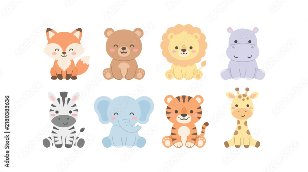 Obraz premium Cute Baby Animals Set Flat Vector Illustration