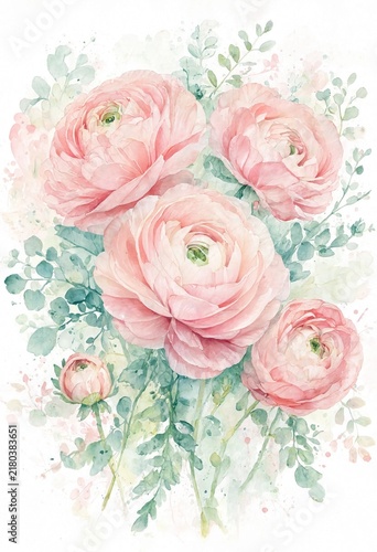 Watercolor Bouquet of Pink Ranunculus Flowers