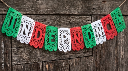Mexican Independence Day Papel Picado Garland on Rustic Wood Background with Red White and Green Colors