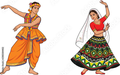 Indian Man and Woman Dancing Garba in Traditional Gujarati Costume Vector Illustration Set