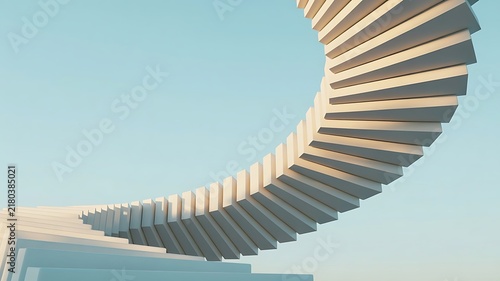 Abstract white staircase structure spiraling upwards against a clear light blue sky representing growth, progress, and development