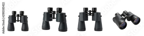 Multiple perspectives of black binoculars for observing distant objects on a black background