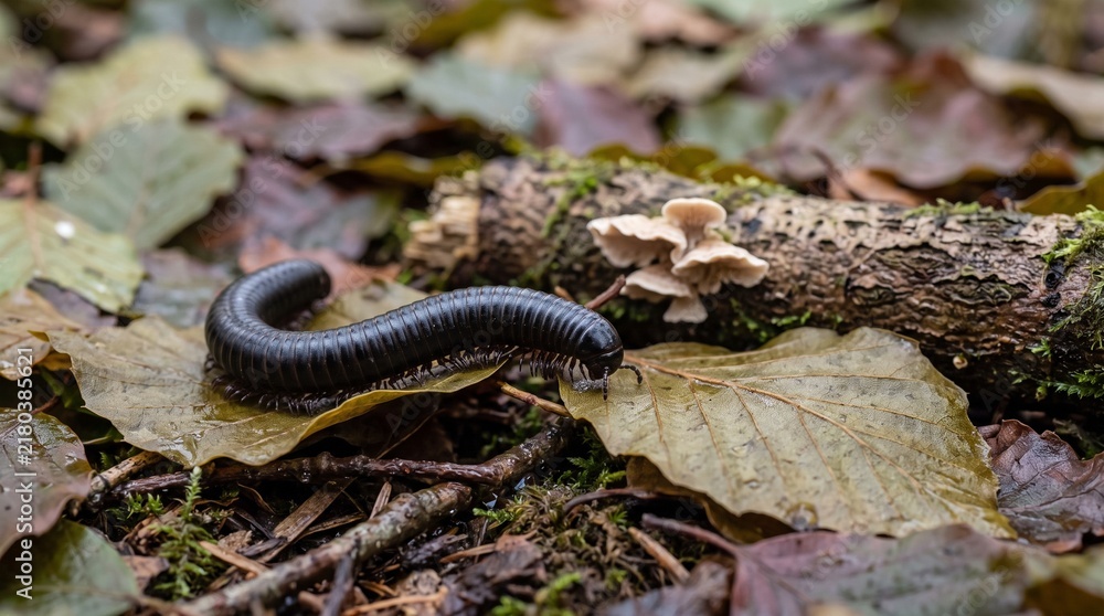 Fototapeta premium Millipede follows beech leaves beside woodland fungi