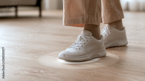 Elderly Emergency Alert Close-up of white sneakers on a wooden floor with beige pants visible, highlighting casual footwear and indoor flooring.