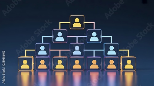Corporate organizational structure chart with glowing glass cubes and human on a dark blue background, for business management concepts