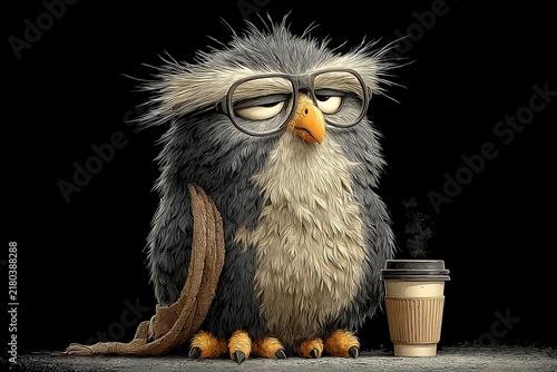 In a cozy little nook, a quirky owl takes a leisurely coffee break, sporting stylish glasses and a wonderfully relaxed demeanor