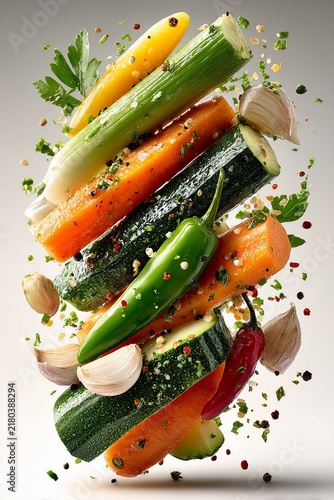 A dazzling array of vibrant vegetables suspended in mid air forms a striking and colorful spectacle, embodying the essence of natural freshness and culinary creativity