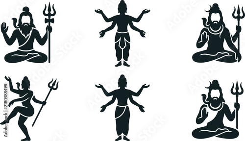 Принти на полотні Set of Indian Hindu deity silhouettes featuring meditating figures, multiple arms, tridents, and traditional spiritual religious symbols on white background