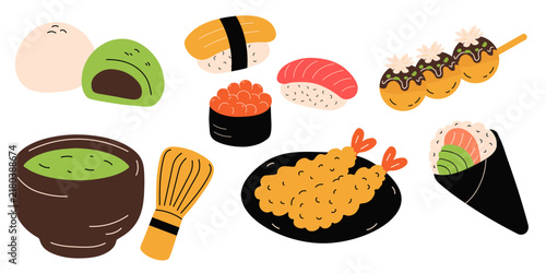 Set of popular Japanese cuisine items including matcha tea with whisk, tempura shrimp, nigiri sushi, gunkan, takoyaki, temaki roll, and mochi isolated on white background. Ideal for cafe menus and asi