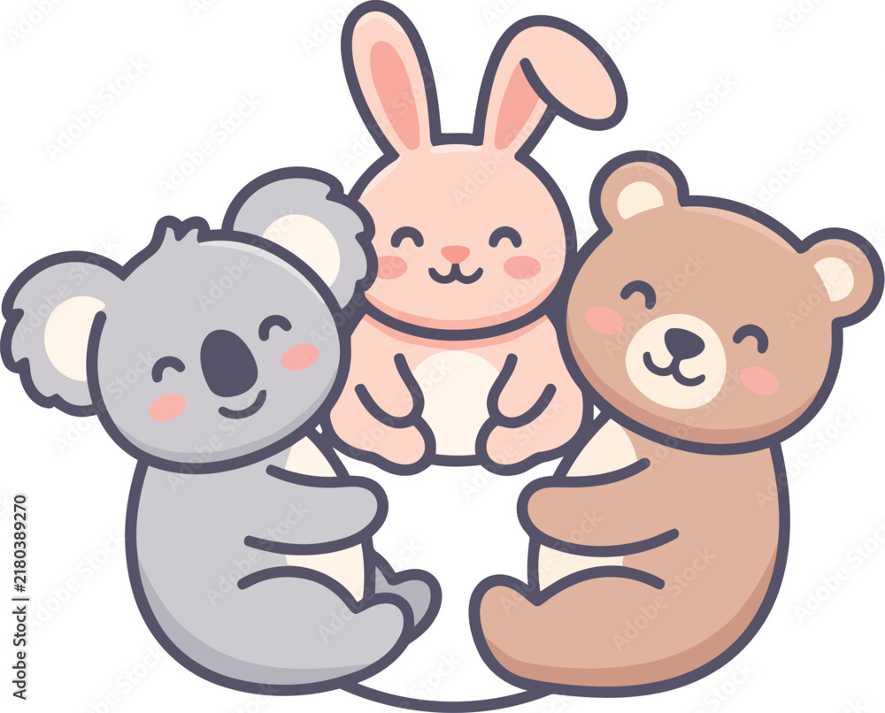 Obraz premium Kawaii animal friends vector, cute koala rabbit and bear characters, pastel nursery cartoon illustration, happy wildlife group