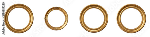 Four empty oval gold frames sitting in a row against a black background