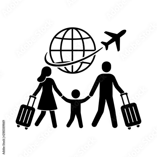 Family travel icon with globe airplane and luggage for international tourism concept.