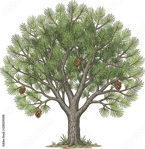 Detailed green pine tree illustration with pinecones and textured bark