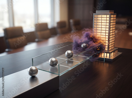Silver metal spheres rolling on glass tracks toward a glowing building model in an office